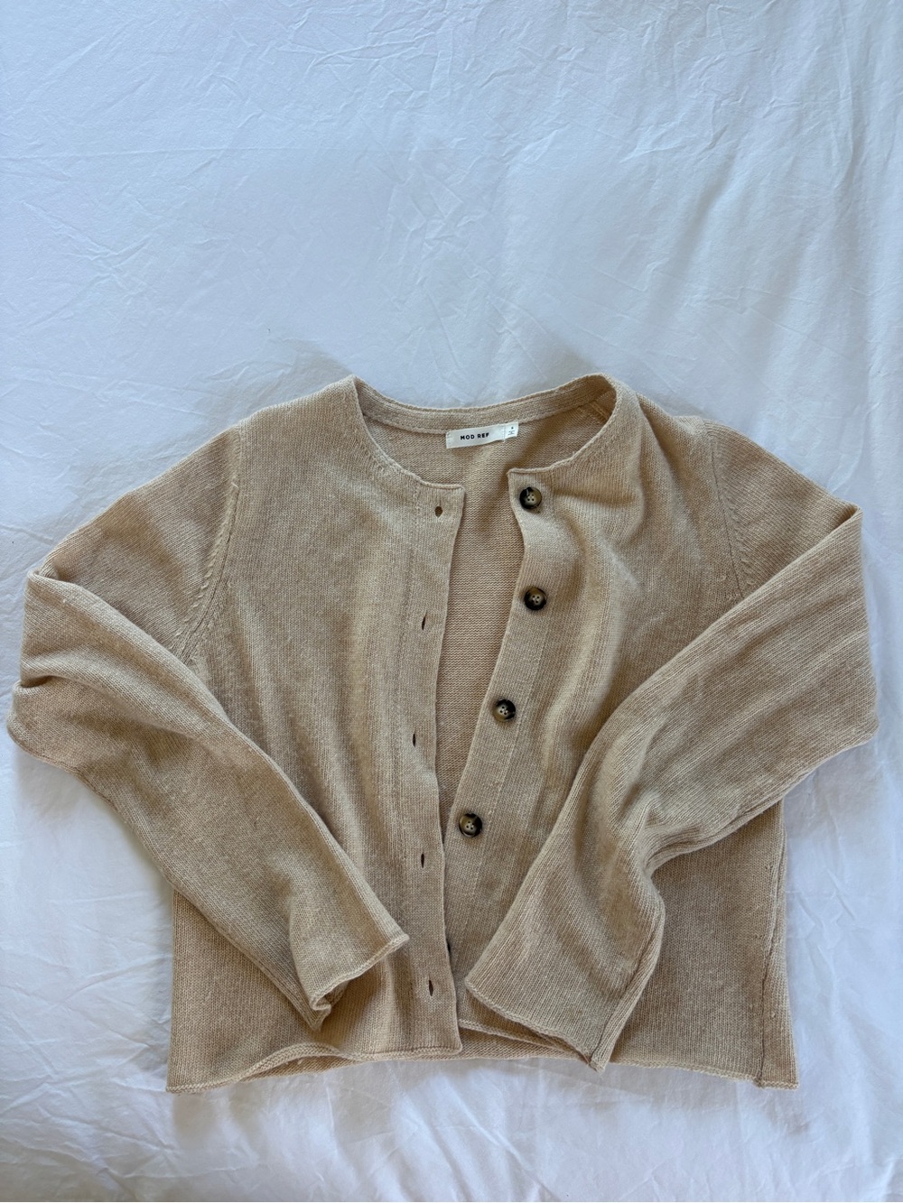 Mod Ref Taupe Button-Front Crewneck Cardigan